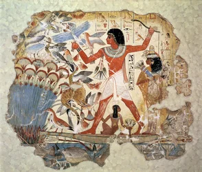 Nebamun på jakt i sumpene med sin kone og datter, del av et veggmaleri fra Nebamuns gravkapell, Theben, Det nye rike, ca. 1350 f.Kr.